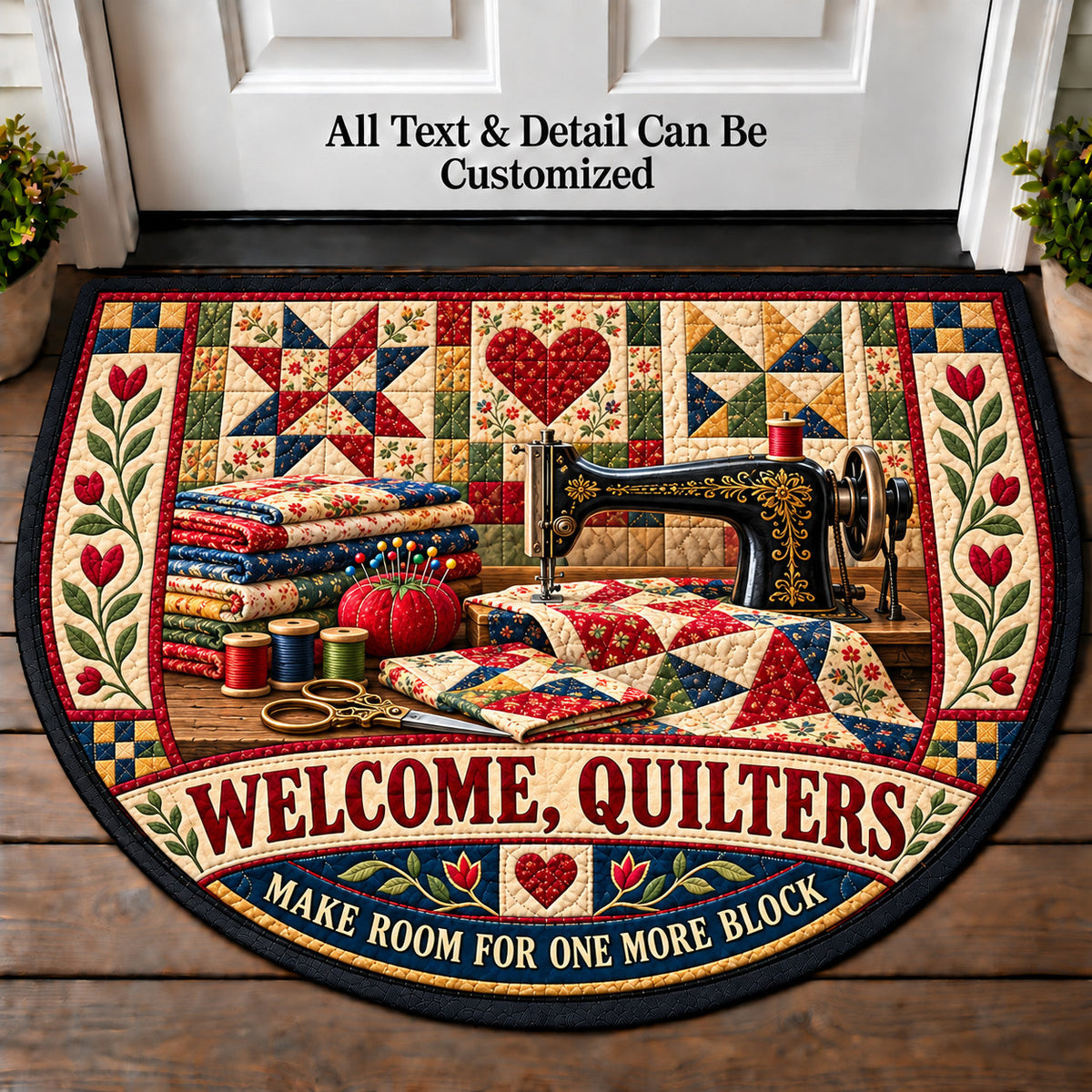 Sewing Machine Morning - Quilters Welcome Personalized Half Round Mat | 5To9Vibe