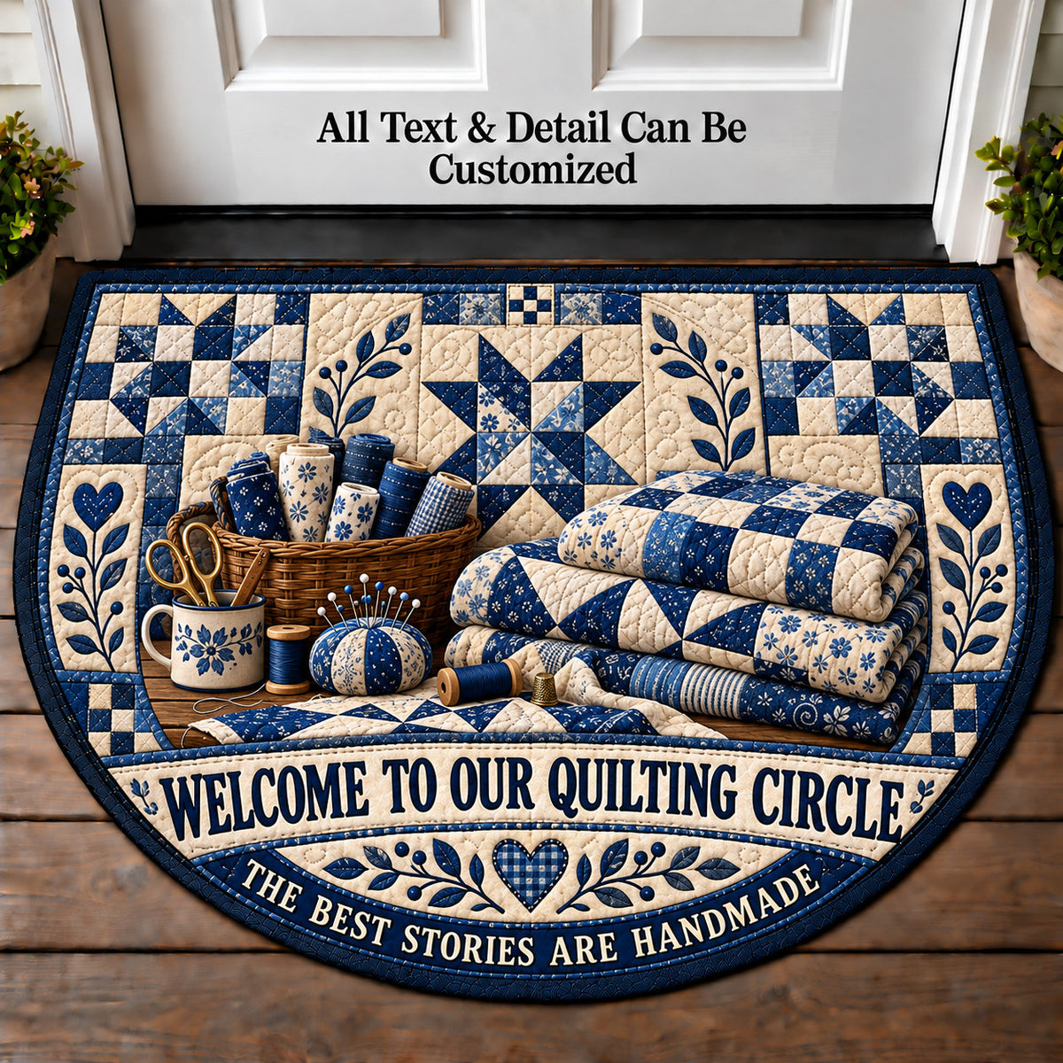 Blue and White Quilt - Quilting Circle Personalized Half Round Mat | 5To9Vibe