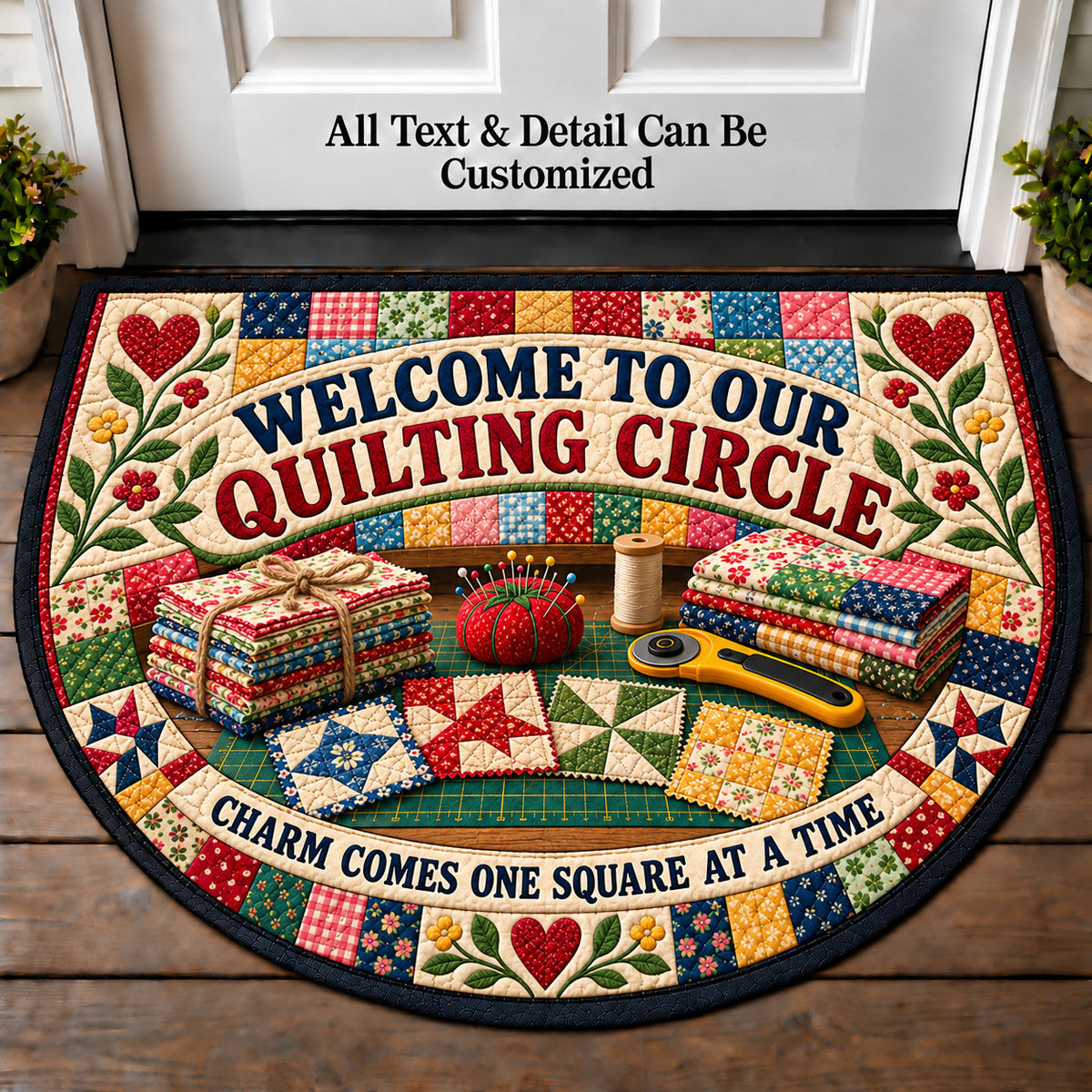 Charm Squares - Quilting Circle Personalized Half Round Mat | 5To9Vibe