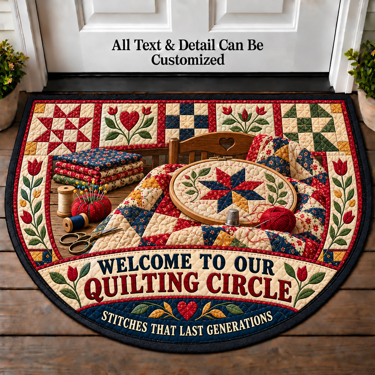 Hand Stitched Heirloom - Quilting Circle Personalized Half Round Mat | 5To9Vibe