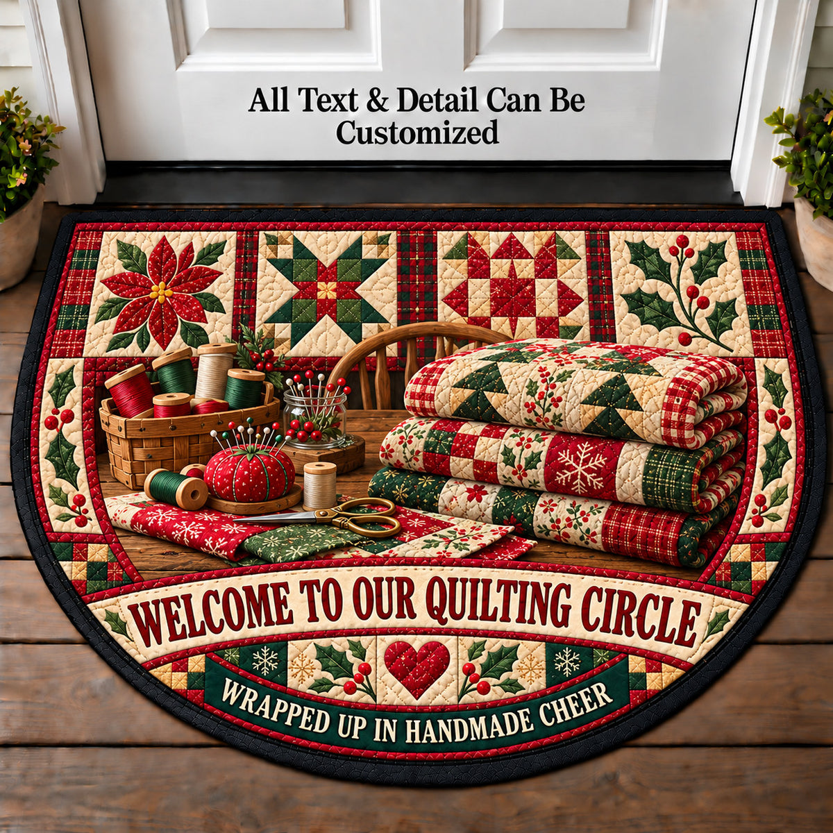 Holiday Quilt Stack - Quilting Circle Personalized Half Round Mat | 5To9Vibe