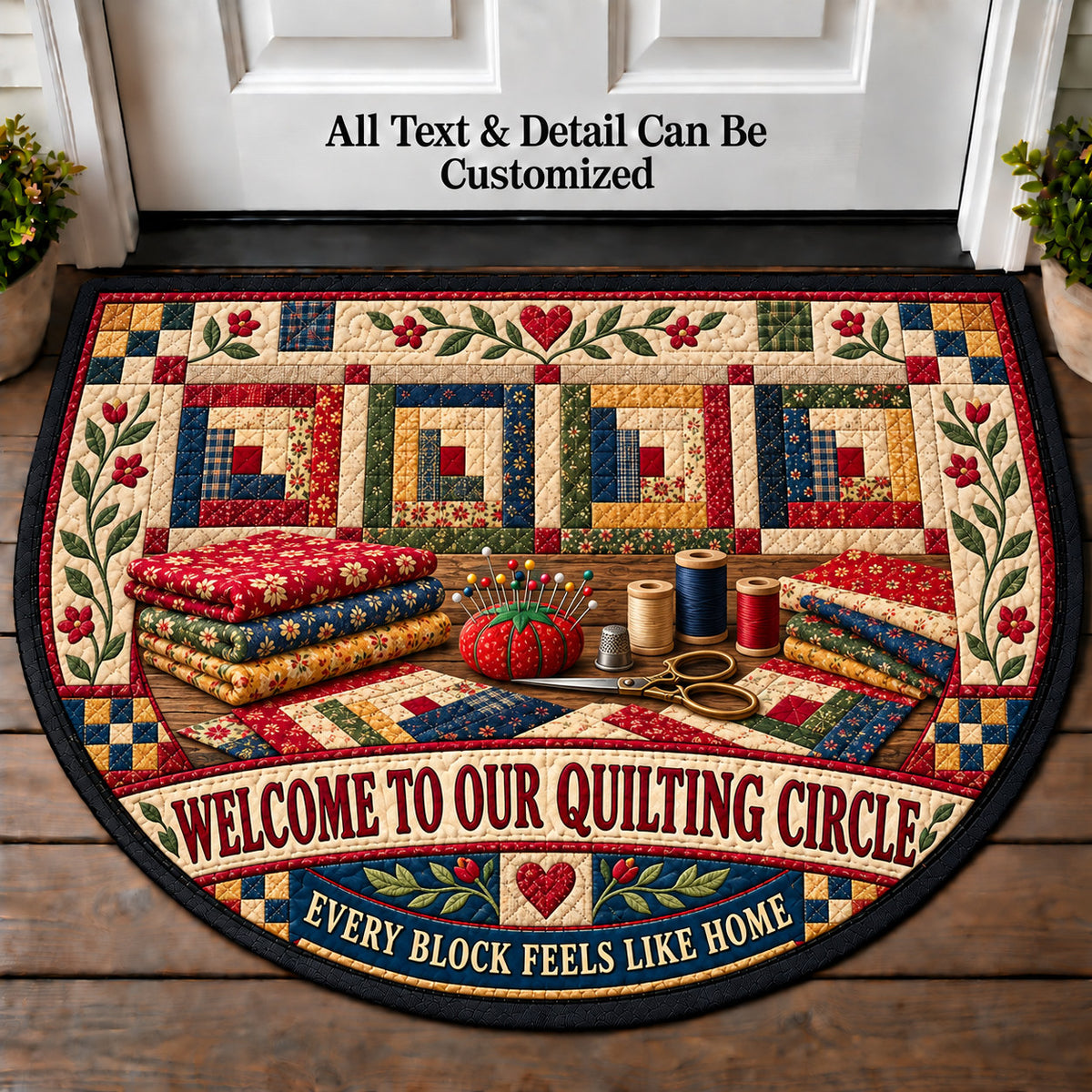 Log Cabin Quilt - Quilting Circle Personalized Half Round Mat | 5To9Vibe