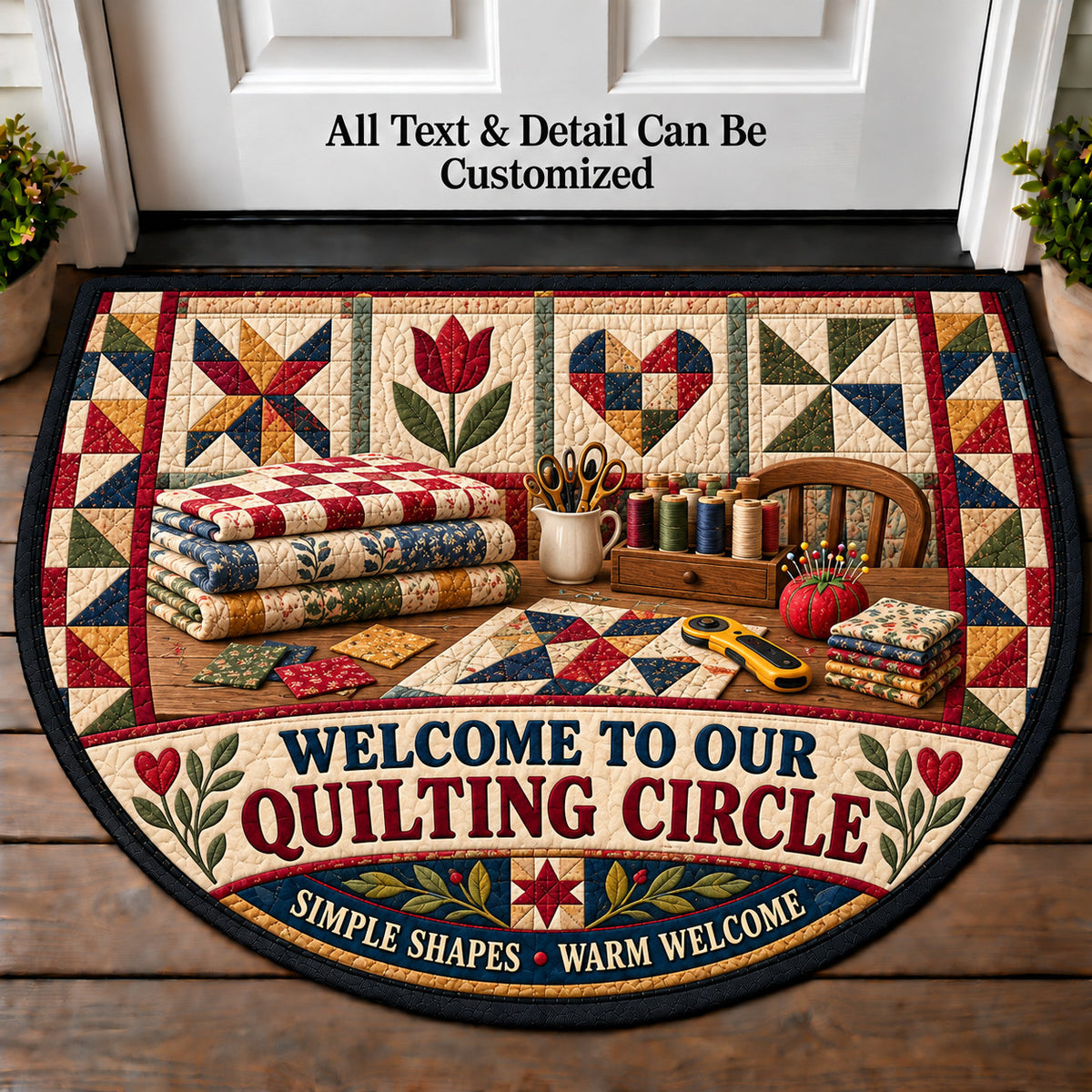 Modern Minimal Quilt - Quilting Circle Personalized Half Round Mat | 5To9Vibe