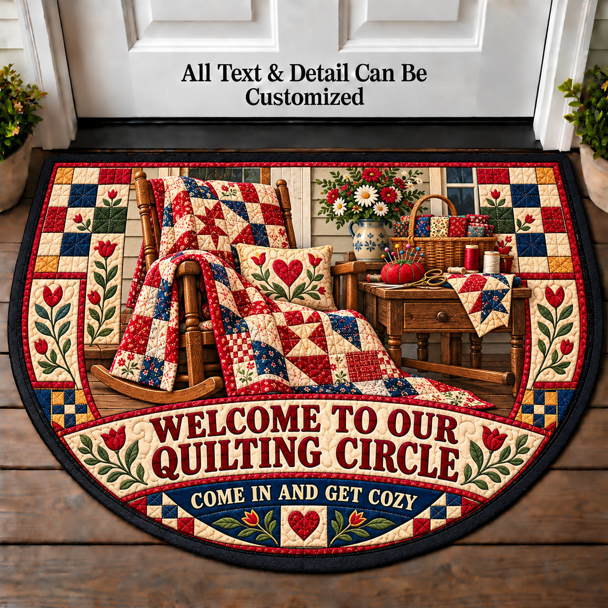 Patchwork Porch - Quilting Circle Personalized Half Round Mat | 5To9Vibe