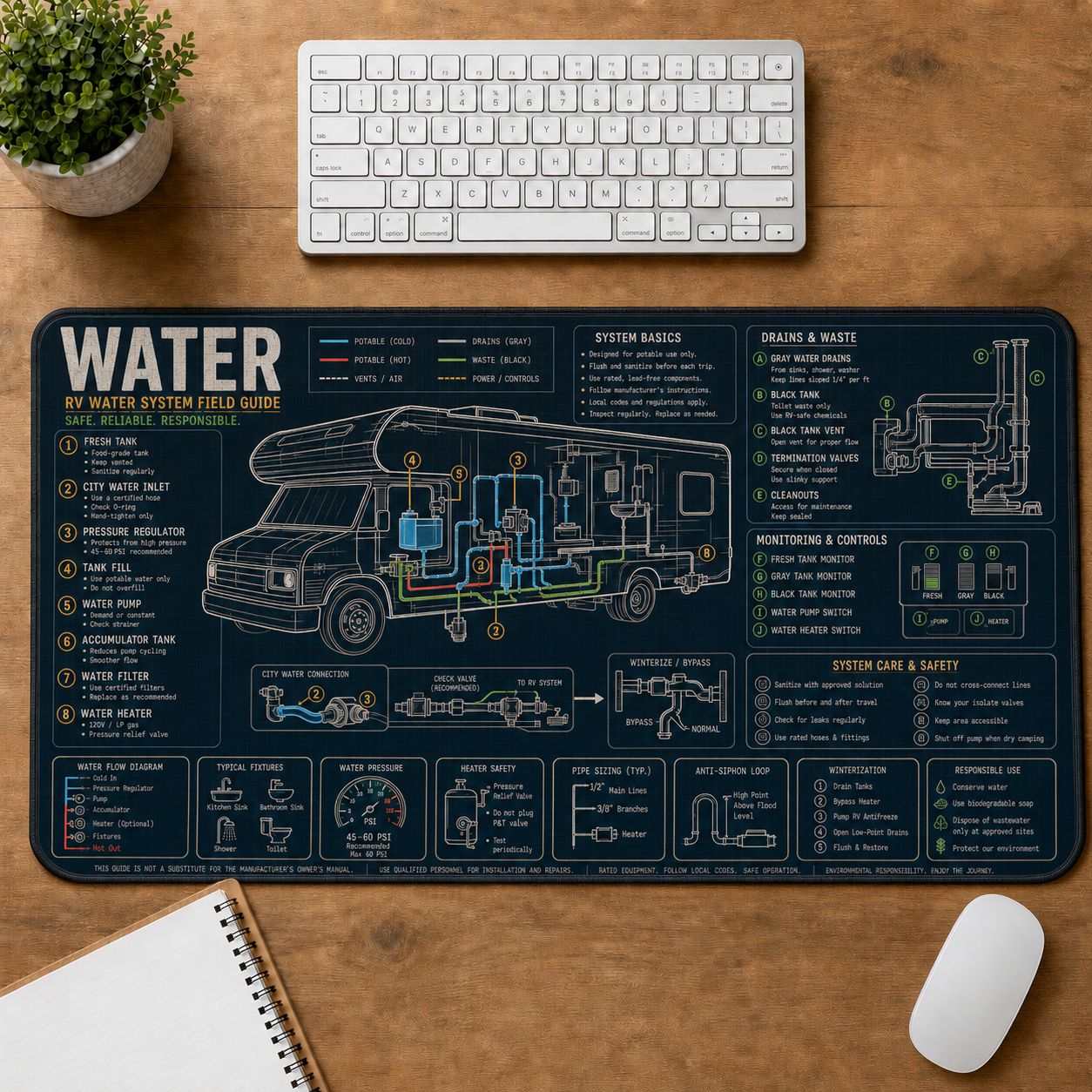 RV Water System Mobile Adventure Systems Guide Desk Mat | 5To9Vibe