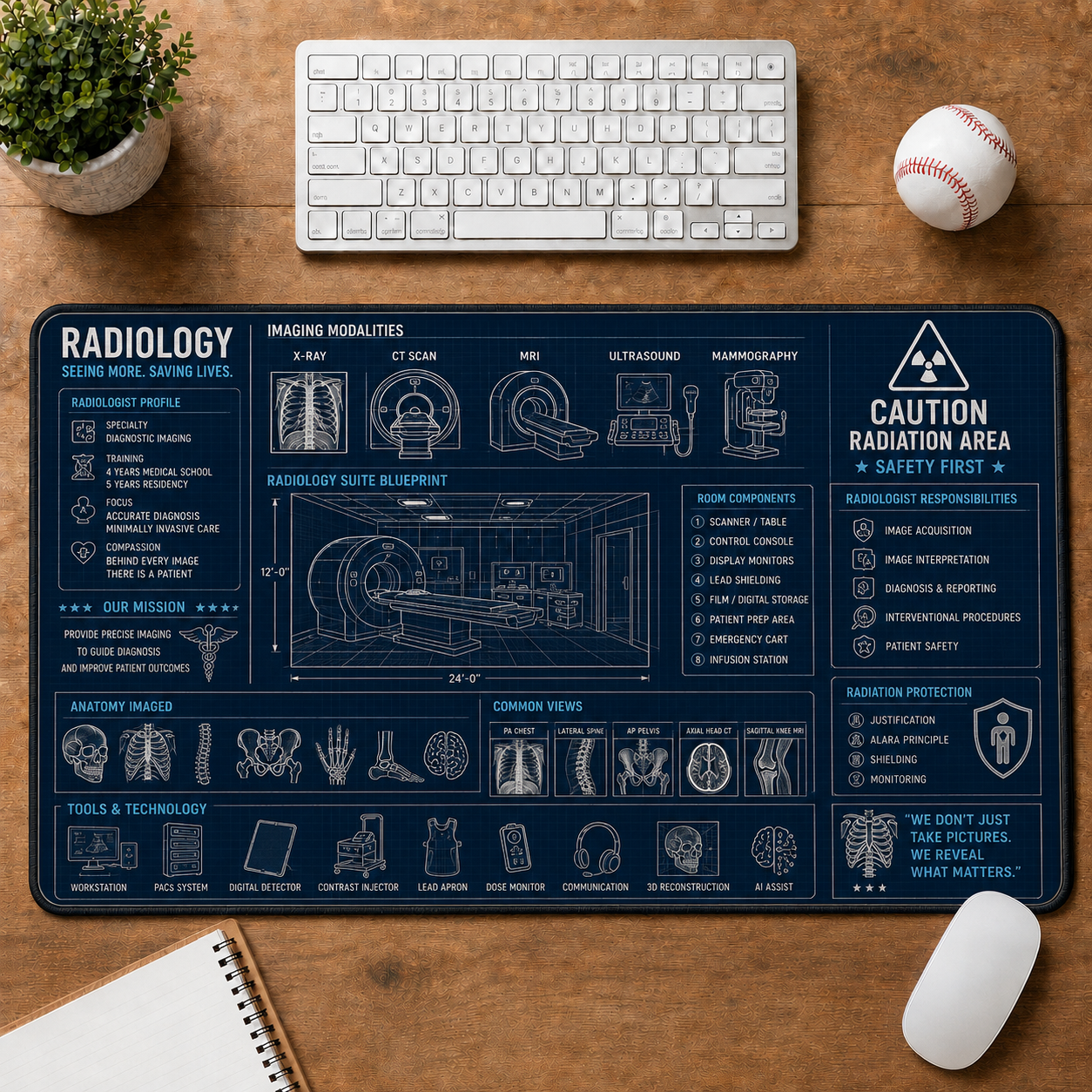 Dental Clinic Blueprint Large Desk Mat - Dentist Chair & Tooth Anatomy Plus Size Mouse Pad - 5to9vibe