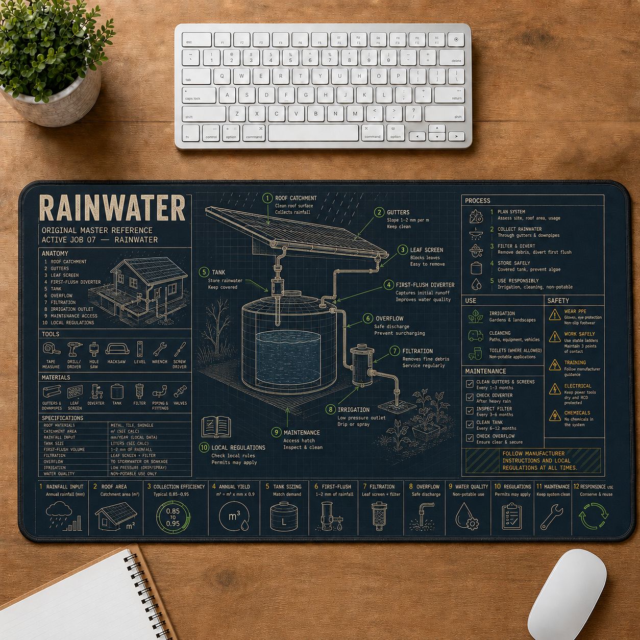 Rainwater Harvesting Home and Workshop Technical Guide Desk Mat | 5To9Vibe