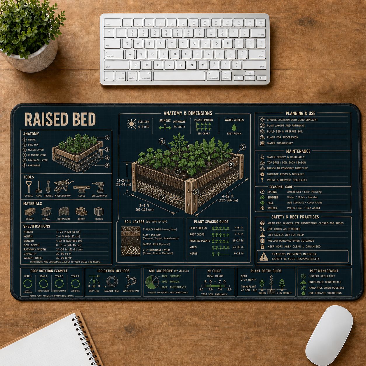 Raised Bed Home and Workshop Technical Guide Desk Mat | 5To9Vibe