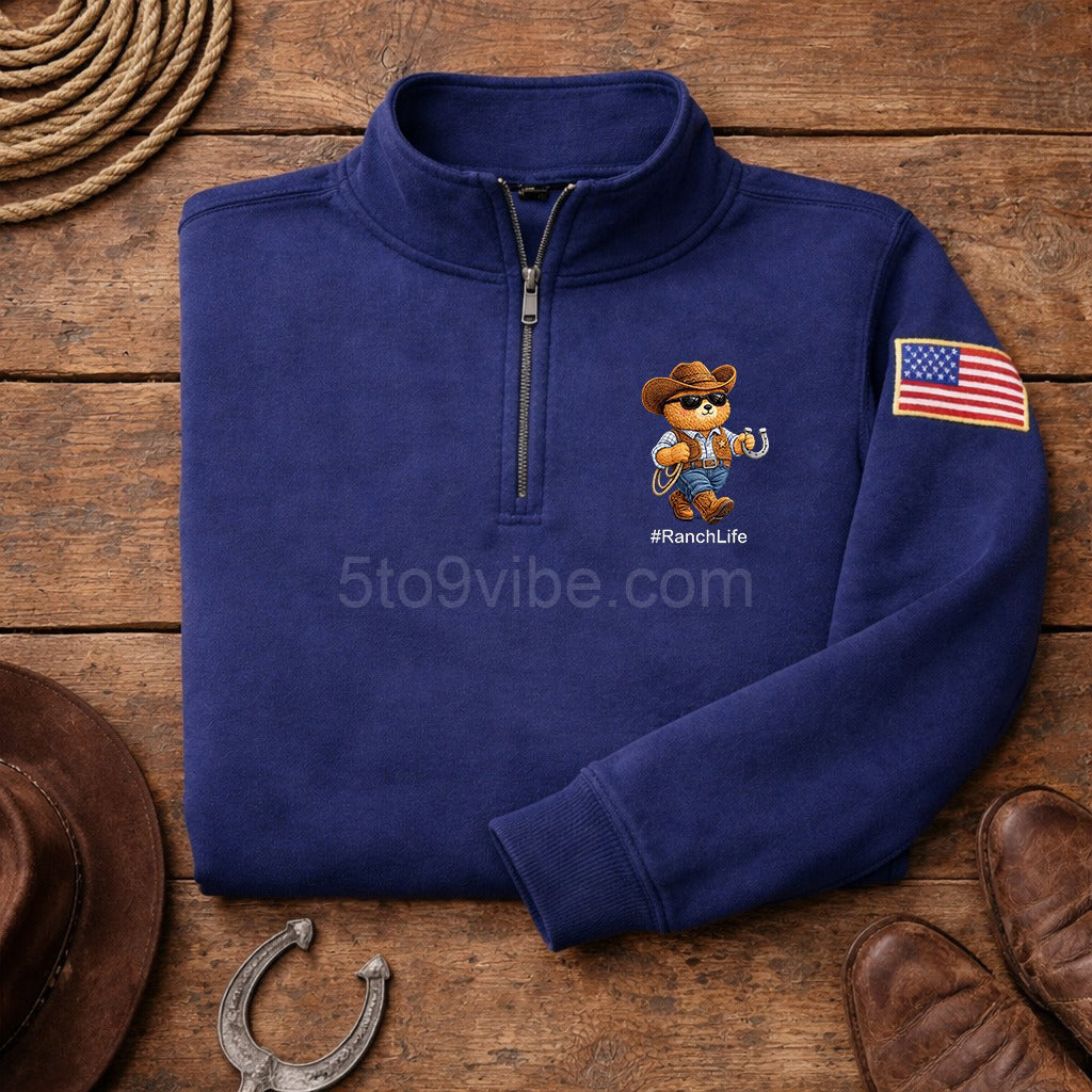 Ranch Life Embroidered Quarter Zip Sweatshirt, Funny Ranch Life Bear Pullover, Men's Casual Zip Up Jacket, Gift for Ranch Life Lover Dad