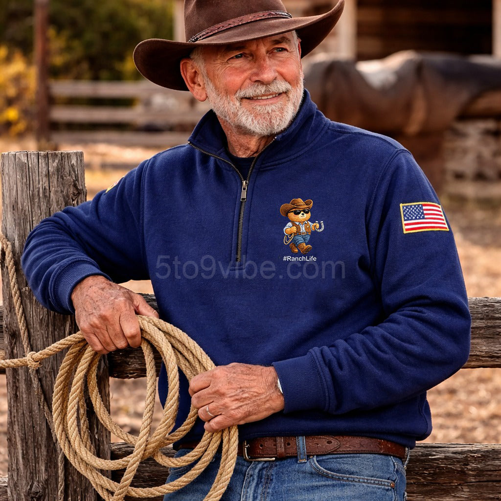 Ranch Life Embroidered Quarter Zip Sweatshirt, Funny Ranch Life Bear Pullover, Men's Casual Zip Up Jacket, Gift for Ranch Life Lover Dad