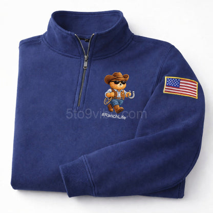 Ranch Life Embroidered Quarter Zip Sweatshirt, Funny Ranch Life Bear Pullover, Men's Casual Zip Up Jacket, Gift for Ranch Life Lover Dad