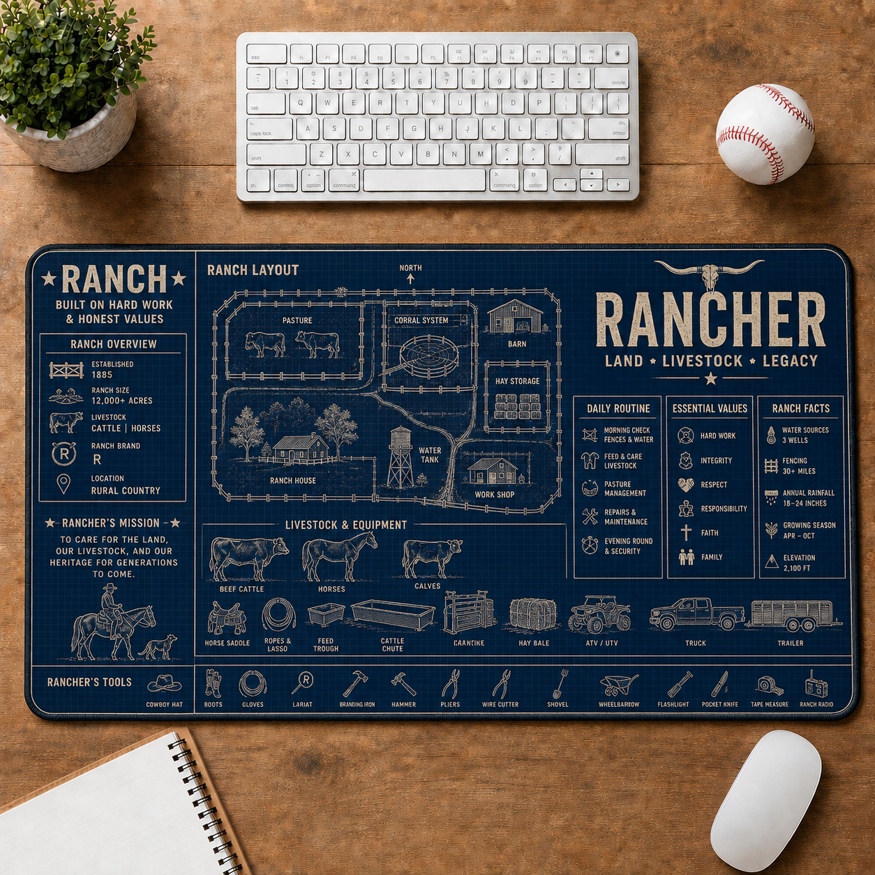 Farmer Blueprint Large Desk Mat - Tractor & Barn Architecture Plus Size Mouse Pad - 5to9vibe