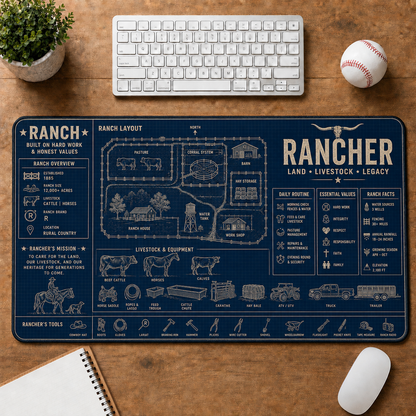 Farmer Blueprint Large Desk Mat - Tractor & Barn Architecture Plus Size Mouse Pad - 5to9vibe