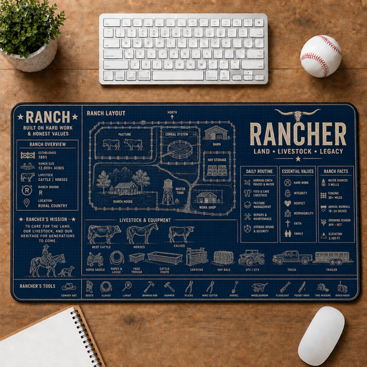 Rancher Blueprint Large Desk Mat - Ranch Layout & Livestock Management Plus Size Mouse Pad - 5to9vibe