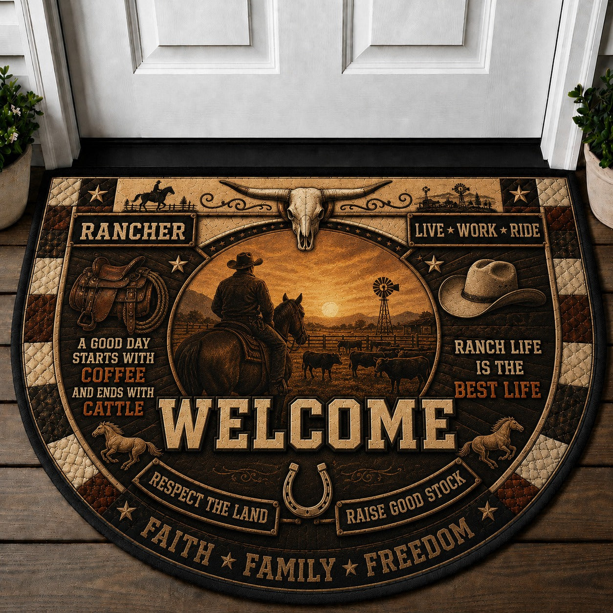 Western Horse Lover Quilted Print Premium Welcome Mat – Personalized Doormat