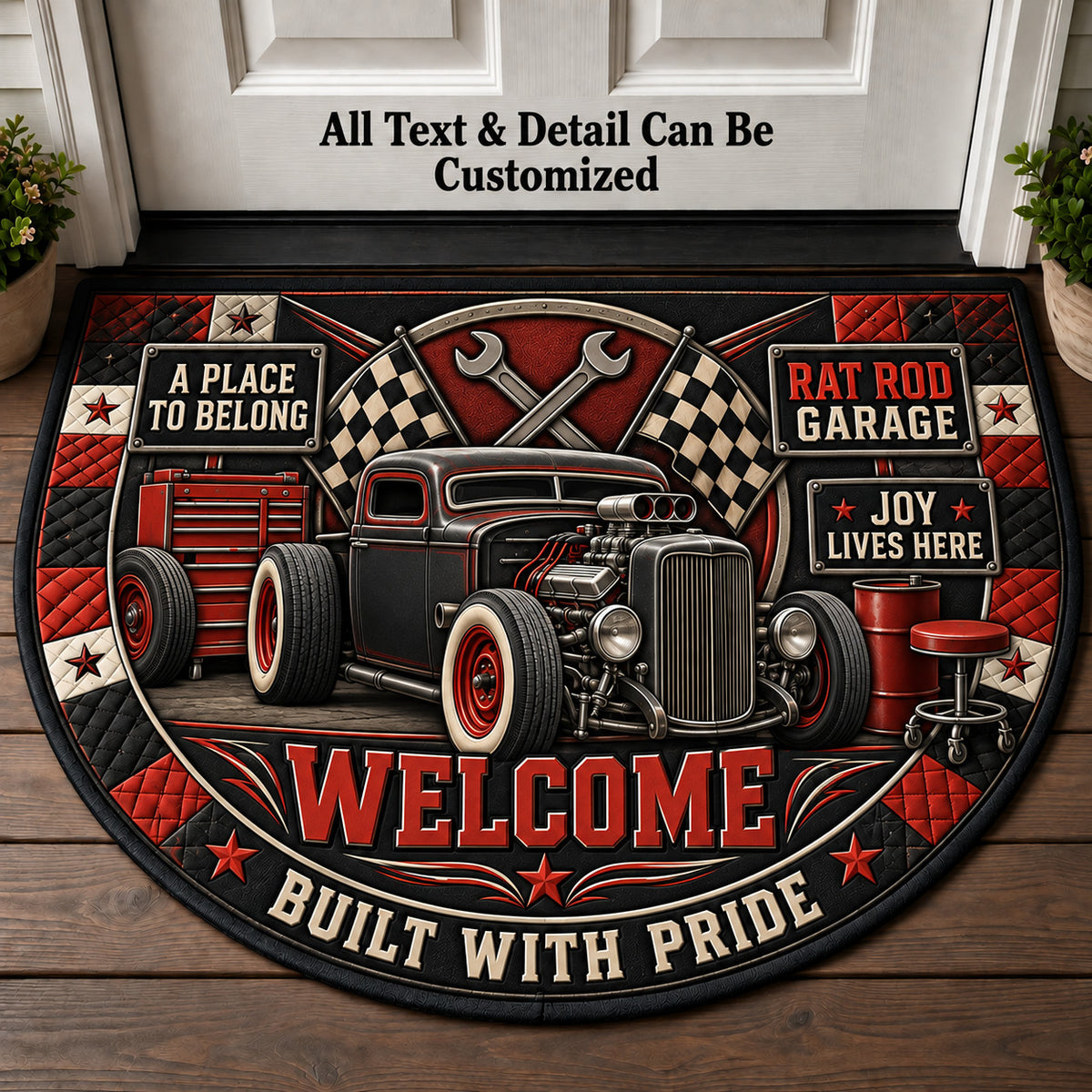 Rat Rod Garage Personalized Half Round Mat | 5To9Vibe