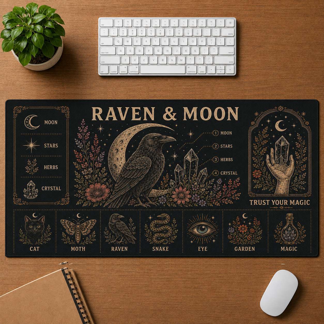Lunar Magic Hippie Desk Mat Mouse Pad | 5To9Vibe - Raven & Moon style