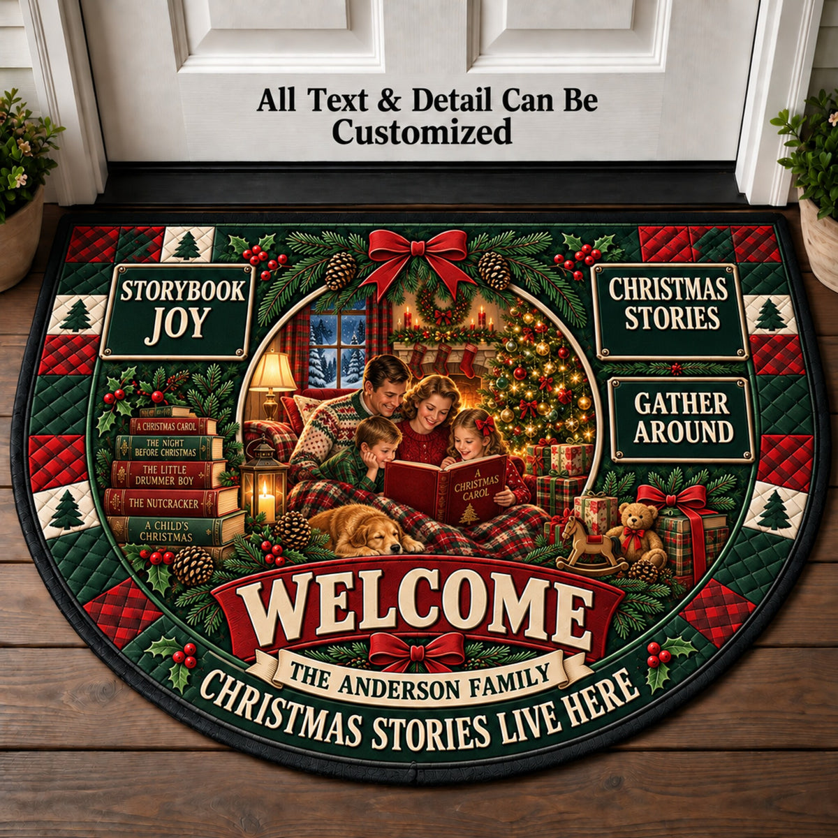 Reading By The Christmas Tree Personalized Half Round Mat | 5To9Vibe