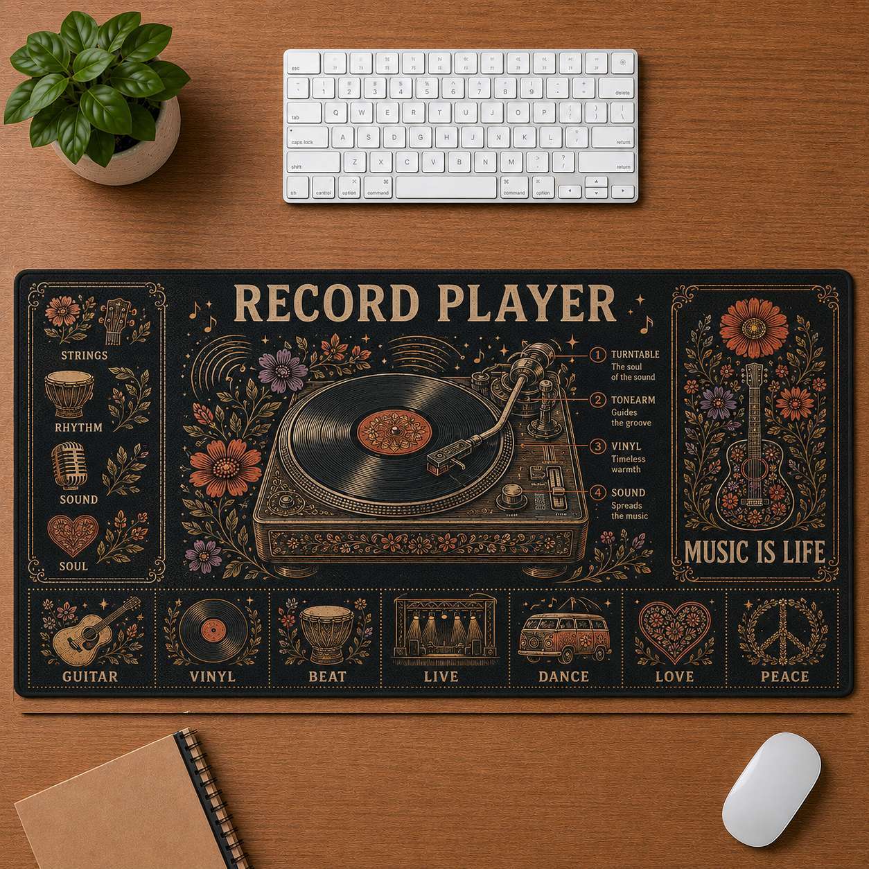 Retro Headphones Hippie Desk Mat Mouse Pad | 5To9Vibe - Record Player style
