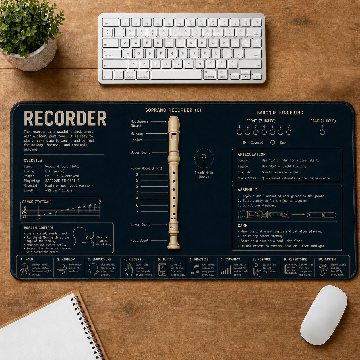 Recorder Musical Instrument Blueprint Guide Desk Mat | 5To9Vibe
