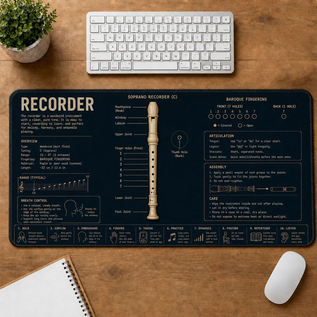 Recorder Musical Instrument Blueprint Guide Desk Mat | 5To9Vibe