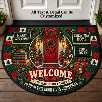 Red Door Christmas Personalized Half Round Mat | 5To9Vibe