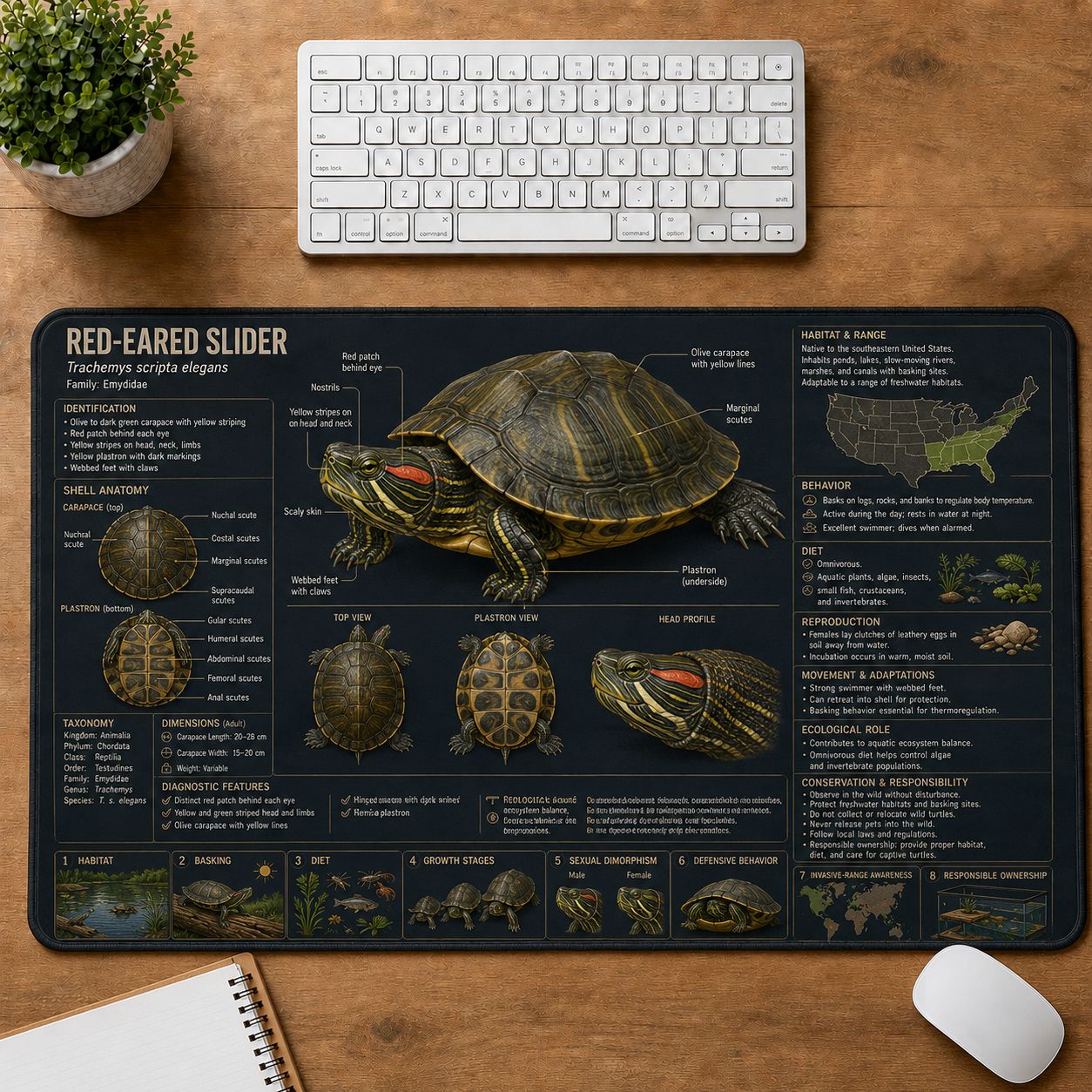 Red-Eared Slider Turtle and Tortoise Species Guide Desk Mat | 5To9Vibe