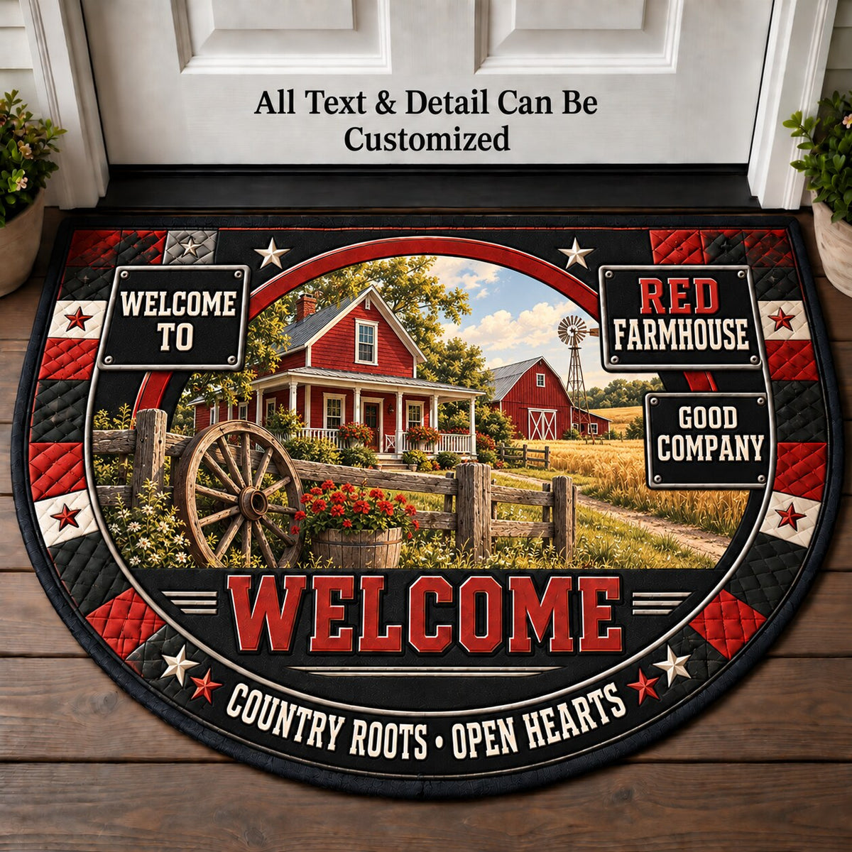 Red Farmhouse Personalized Half Round Mat | 5To9Vibe