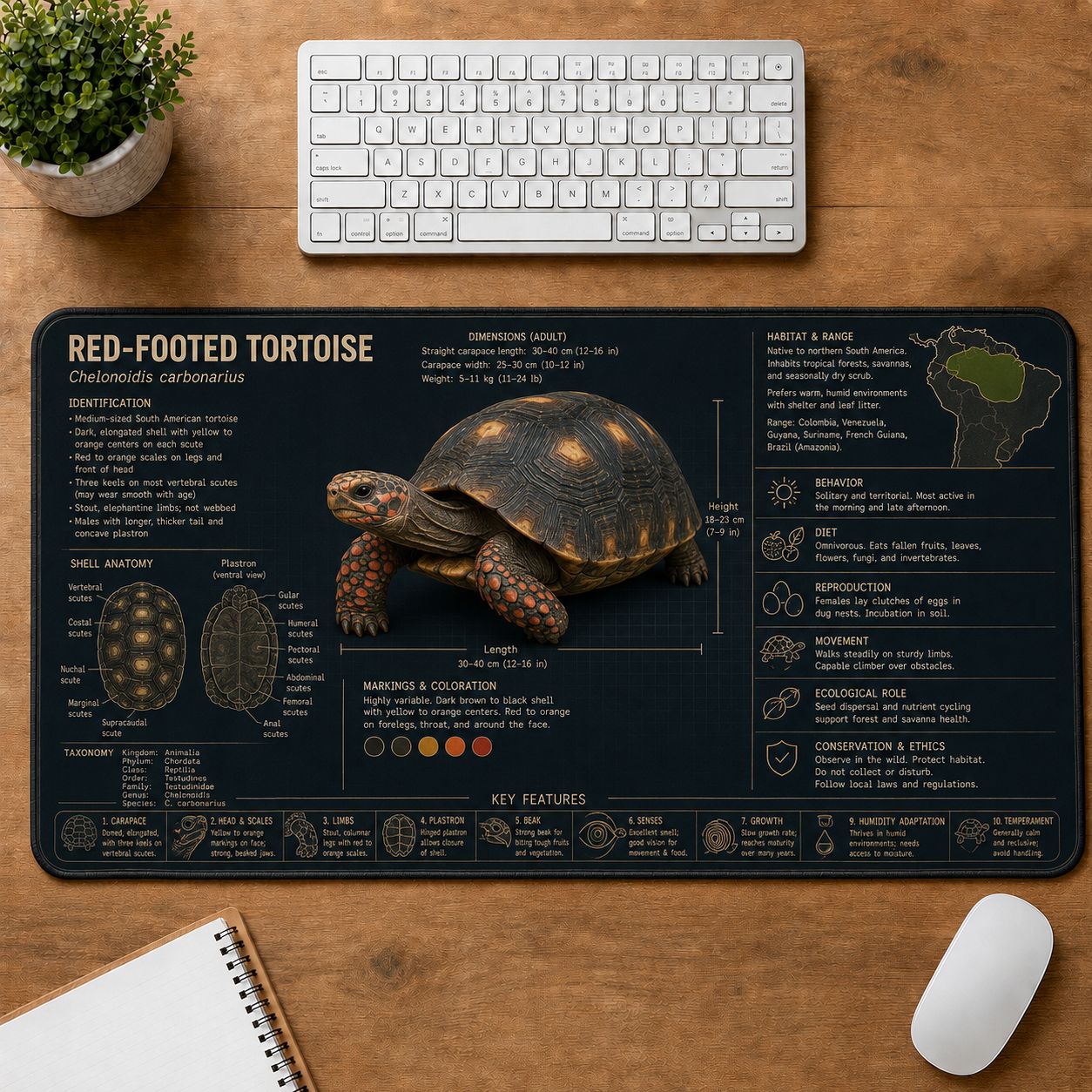 Red-Footed Tortoise Turtle and Tortoise Species Guide Desk Mat | 5To9Vibe