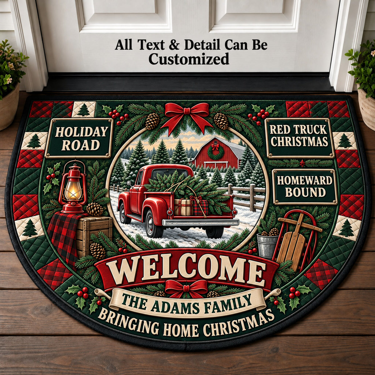 Red Pickup Christmas Personalized Half Round Mat | 5To9Vibe