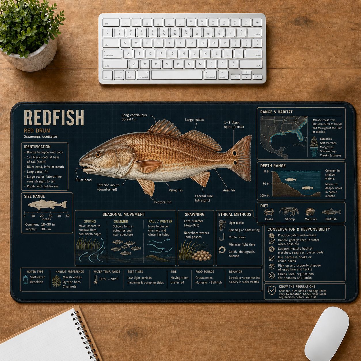 Redfish Fishing Field Guide Desk Mat | 5To9Vibe