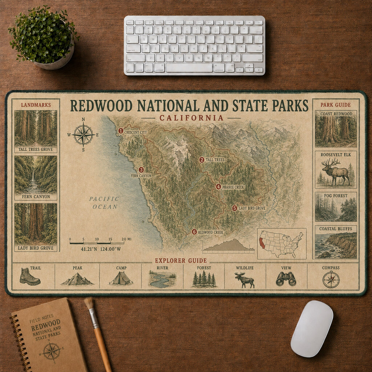 Redwood National and State Parks Vintage Topographic Park Map Explorer Guide Desk Mat | 5To9Vibe
