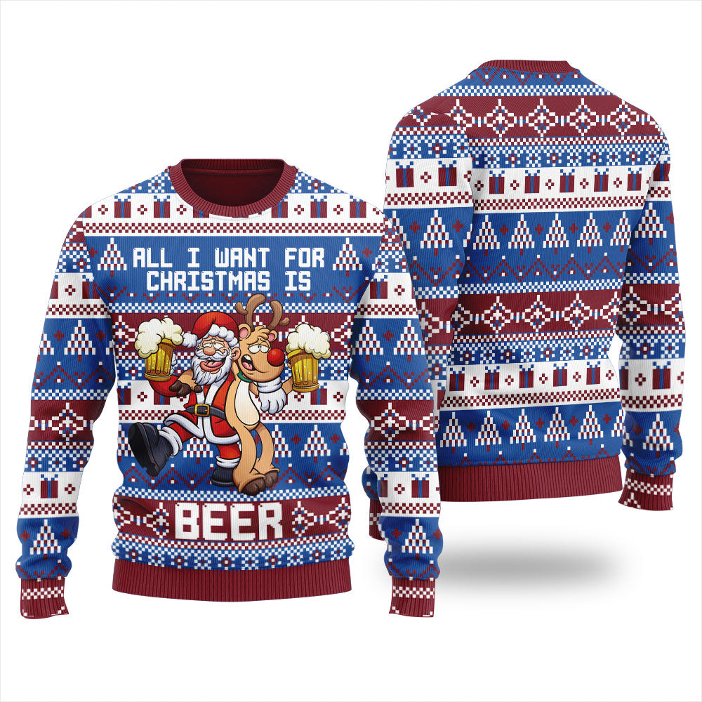 Reindeer And Santa Beer Drinking Ugly Christmas Sweater