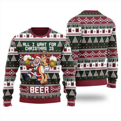 Reindeer And Santa Beer Drinking Ugly Christmas Sweater