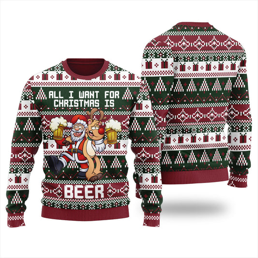 Reindeer And Santa Beer Drinking Ugly Christmas Sweater