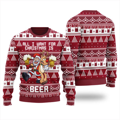 Reindeer And Santa Beer Drinking Ugly Christmas Sweater