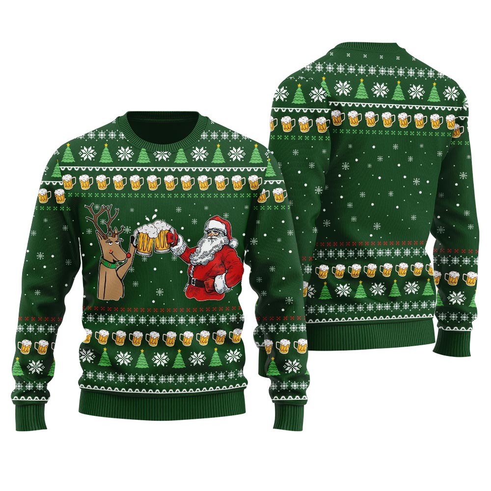 Reindeer Drinking Beer With Santa Ugly Christmas Sweater