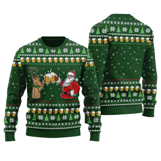 Reindeer Drinking Beer With Santa Ugly Christmas Sweater