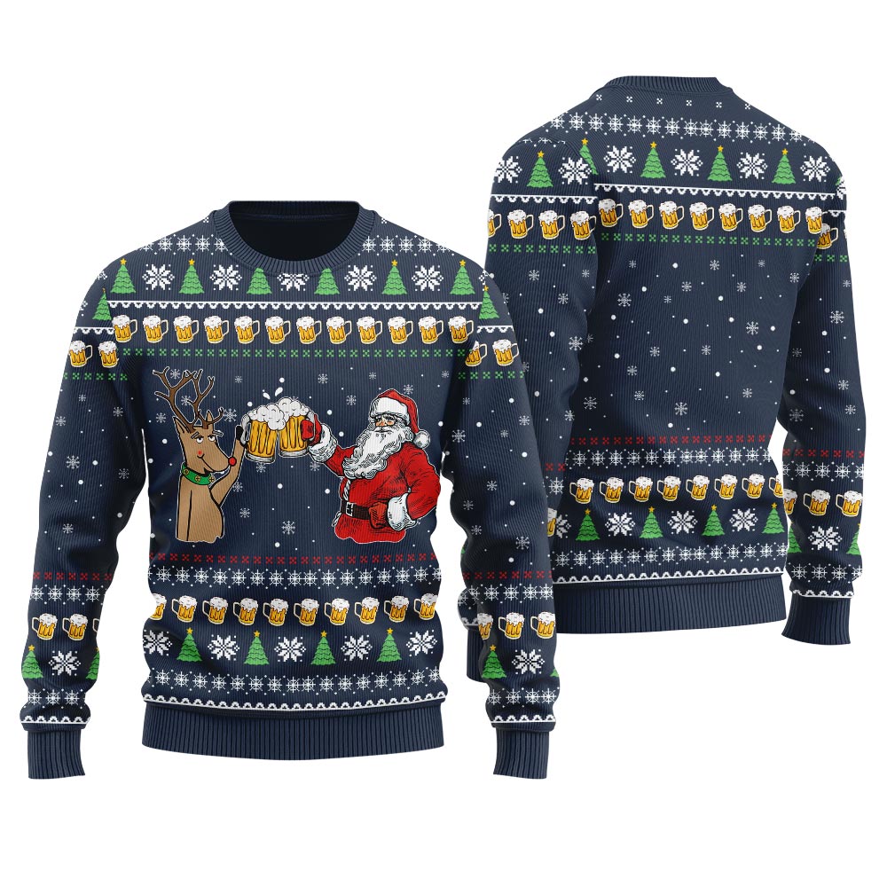 Reindeer Drinking Beer With Santa Women's Ugly Christmas Sweater
