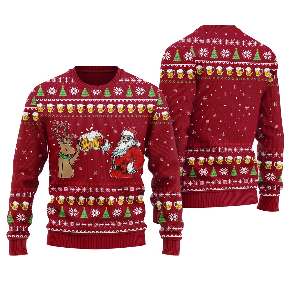 Reindeer Drinking Beer With Santa Women's Ugly Christmas Sweater