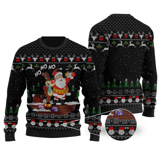 Reindeer Santa Selfie HO HO HO Black Ugly Christmas Sweater - Funny Ugly Christmas Sweater