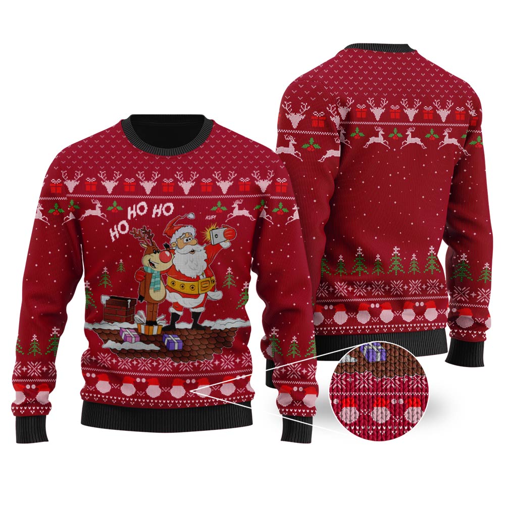 Reindeer Santa Selfie HO HO HO Cardinal Red Ugly Christmas Sweater - Funny Ugly Christmas Sweater