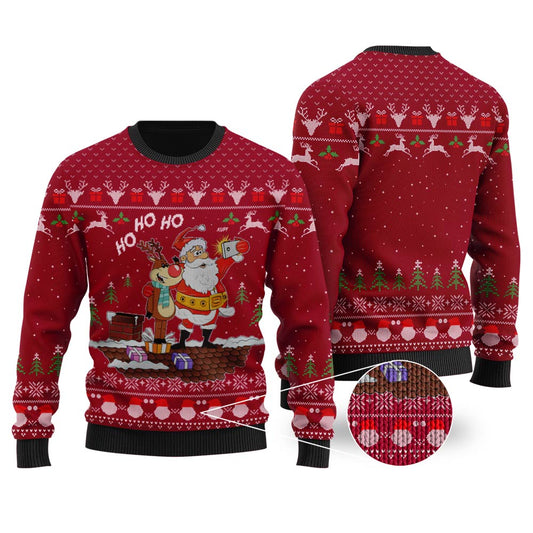 Reindeer Santa Selfie HO HO HO Cardinal Red Ugly Christmas Sweater - Funny Ugly Christmas Sweater