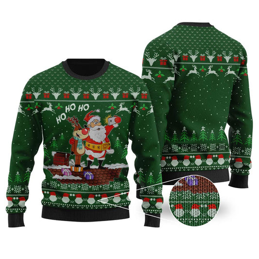 Reindeer Santa Selfie HO HO HO Forest Green Ugly Christmas Sweater - Funny Ugly Christmas Sweater