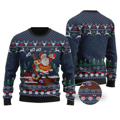 Reindeer Santa Selfie HO HO HO Navy Ugly Christmas Sweater - Funny Ugly Christmas Sweater