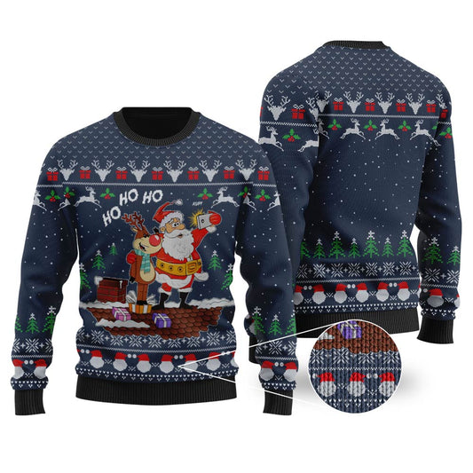 Reindeer Santa Selfie HO HO HO Navy Ugly Christmas Sweater - Funny Ugly Christmas Sweater