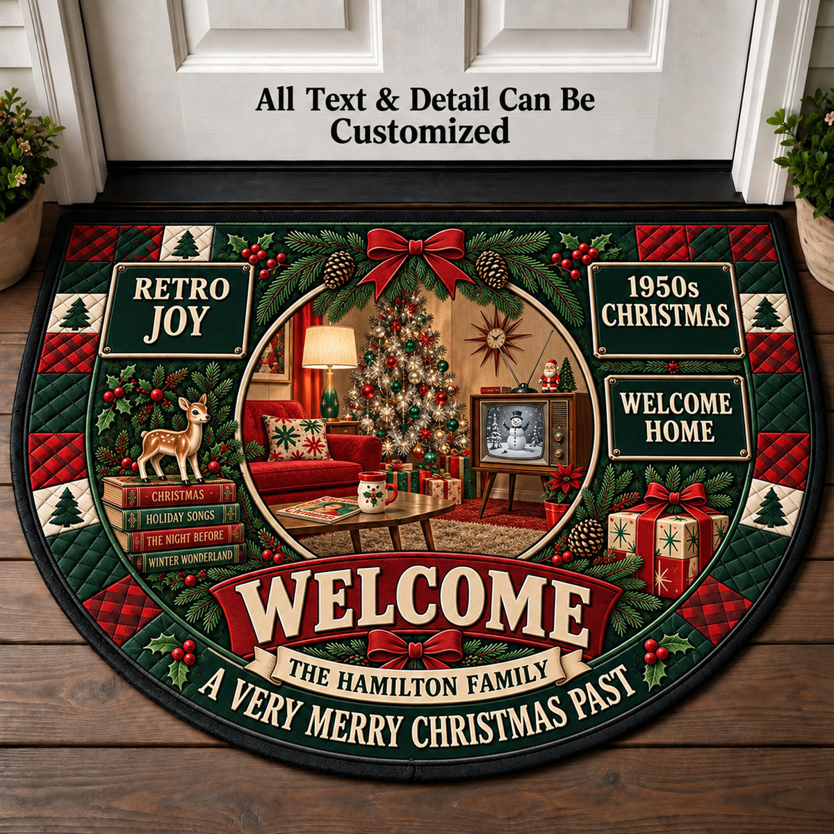 Retro 1950s Christmas Living Room Personalized Half Round Mat | 5To9Vibe