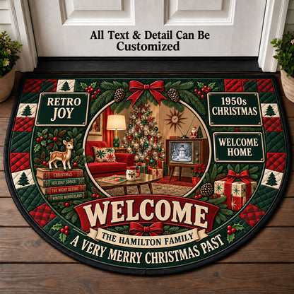 Retro 1950s Christmas Living Room Personalized Half Round Mat | 5To9Vibe