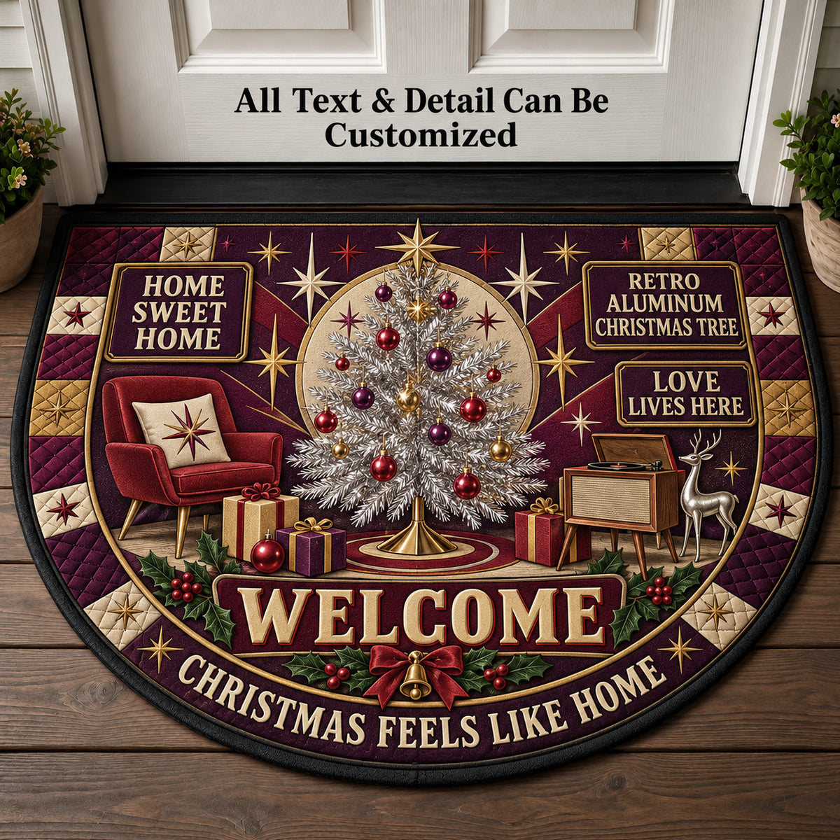 Retro Aluminum Christmas Tree Personalized Half Round Mat | 5To9Vibe