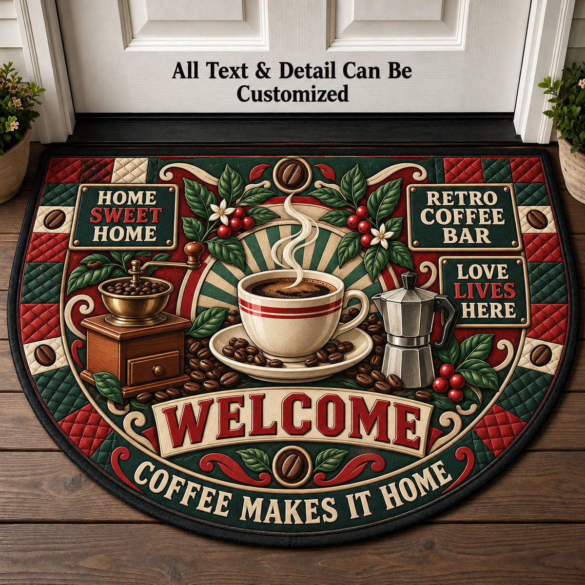 Retro Coffee Bar Personalized Half Round Mat | 5To9Vibe